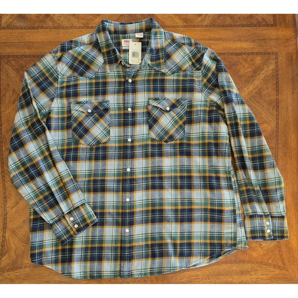 Levi's Men's Western Ranch Standard Fit Pearl Snap Flannel Plaid Shirt Green XXL